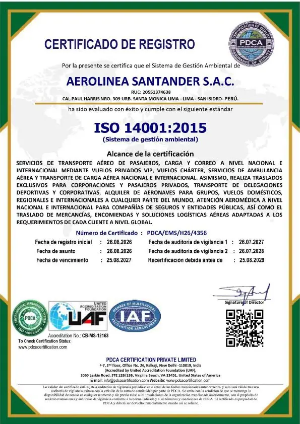 Certificado ISO 14001:2015 – Sistema de Gestión Ambiental de AEROLINEA SANTANDER S.A.C.