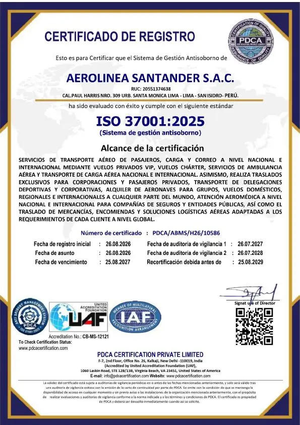 Certificado ISO 37001:2025 – Sistema de Gestión Antisoborno de AEROLINEA SANTANDER S.A.C.