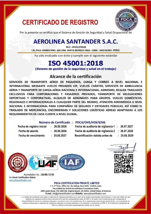 Certificado ISO 45001:2018 – Sistema de Gestión de la Seguridad y Salud en el Trabajo de AEROLINEA SANTANDER S.A.C.