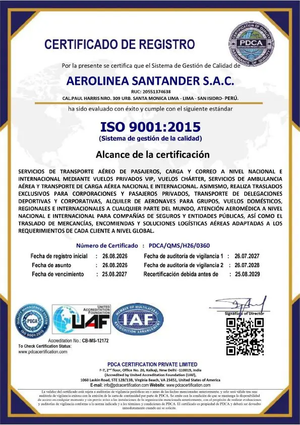 Certificado ISO 9001:2015 – Sistema de Gestión de la Calidad de AEROLINEA SANTANDER S.A.C.
