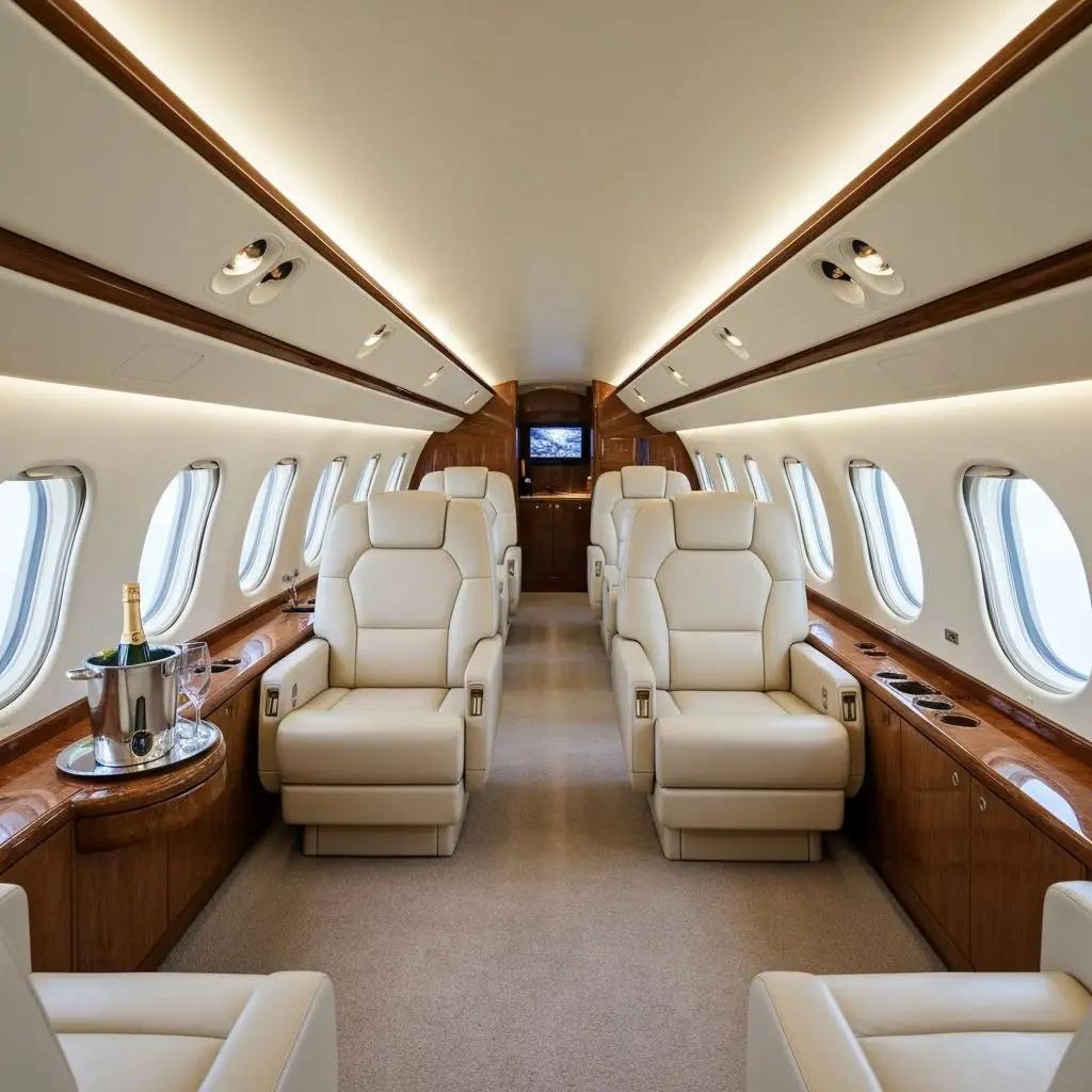 Cabina de un jet privado de largo alcance con asientos de cuero para vuelos privados VIP