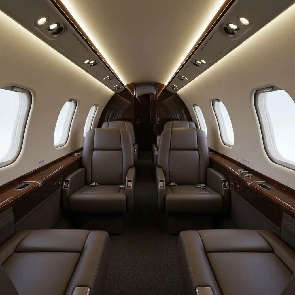 Interior de un jet ligero utilizado como referencia para traslados aeromédicos