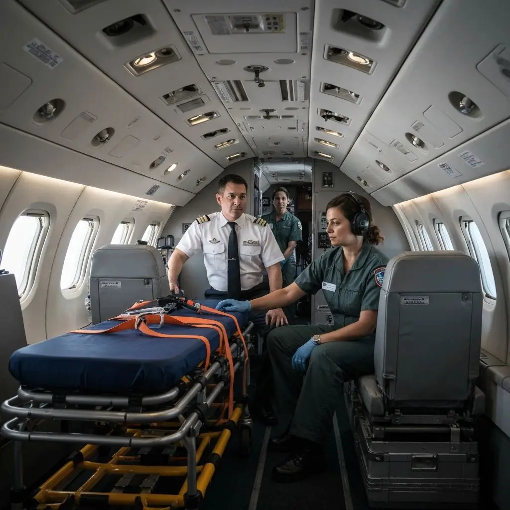 Aeronave de ambulancia aérea preparada para un traslado aeromédico de paciente