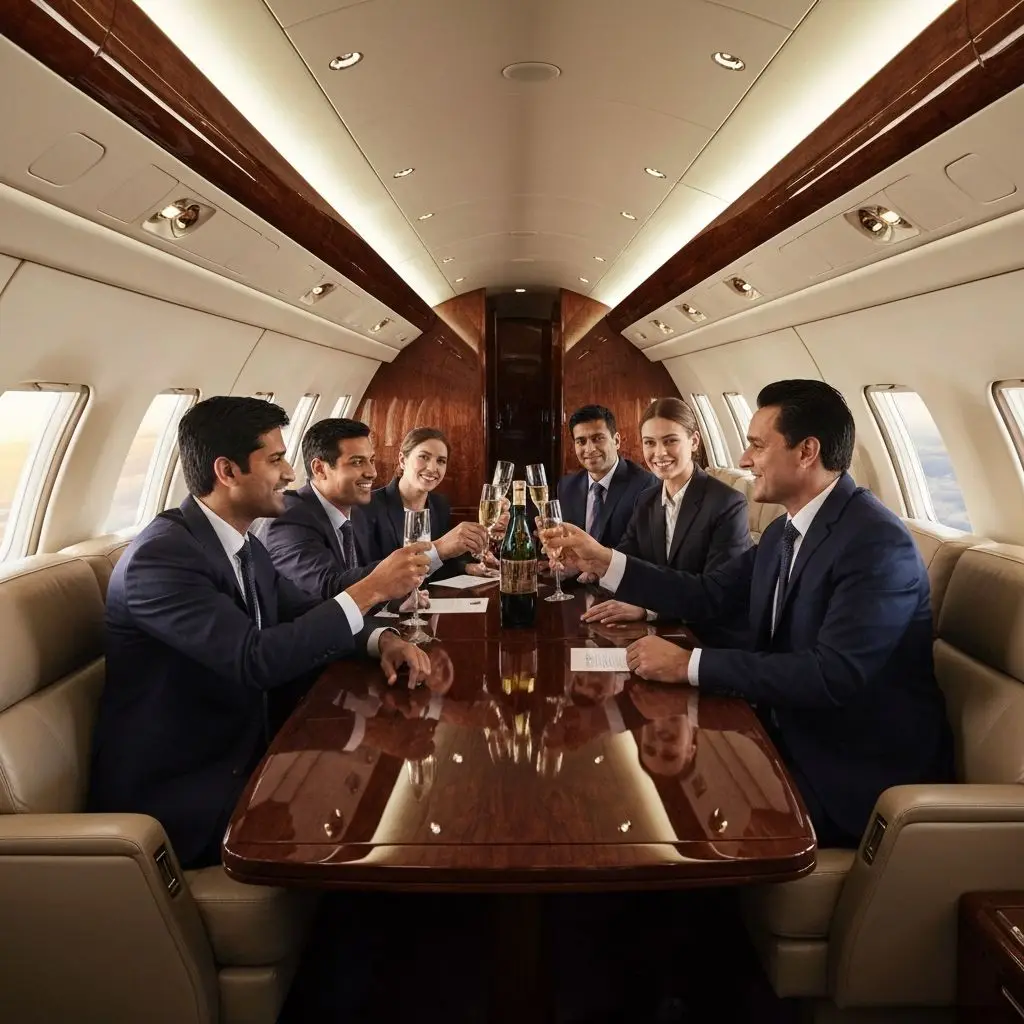 Ejecutivos abordando un jet corporativo para un traslado de negocios